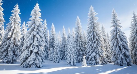 Dense forest of snowcovered pine trees under a bright blue sky