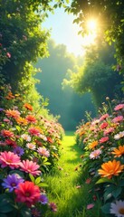 Sun-Drenched Garden Overflowing with Colorful Flowers Joyful Serenity and Well-being