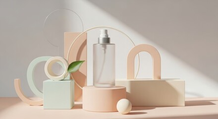 Frosted glass bottle with pump dispenser on pastel geometric pedestals and abstract shapes cosmetic product