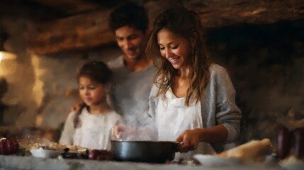 A happy family is cooking dinner together in a cozy rustic kitchen creating a warm and joyful atmosphere