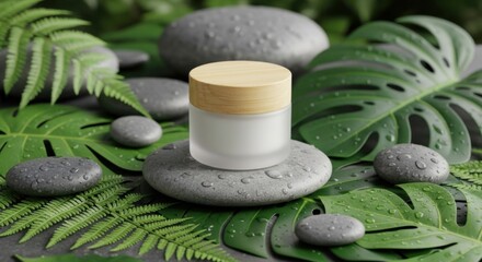 Frosted glass jar with bamboo lid on wet grey stones and green tropical leaves skincare beauty