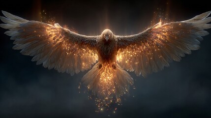 Majestic glowing bird soaring through a dark enchanted landscape