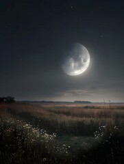 A luminous crescent moon hangs in the dark night sky above a tranquil rural grassland field with wildflowers