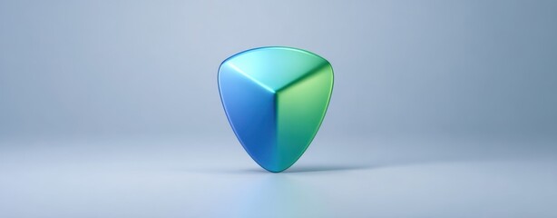 The triangular glossy three dimensional abstract shield with blue and green gradient lighting