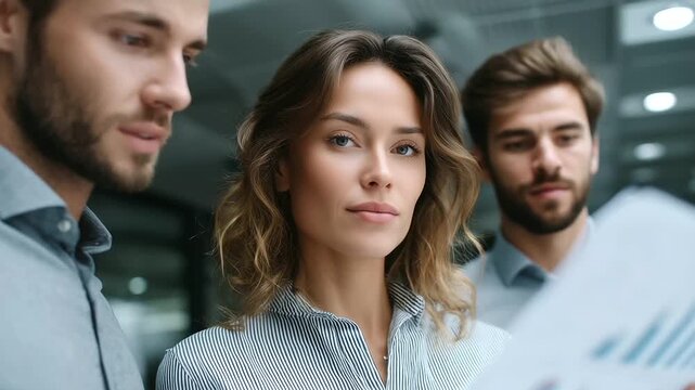 Professional group of three, two men and one woman, gathered near office window, discussing printed charts and making notes, serious analytical mood. S professionals data review