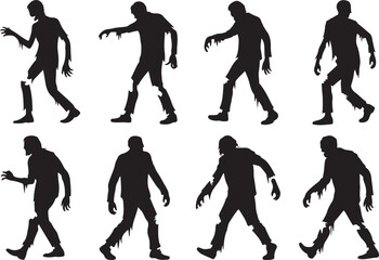 Collection of eight walking zombie silhouettes in various poses on a white background