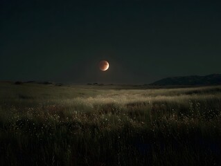 A striking lunar eclipse shines red and orange in the dark night sky over a vast serene grassland