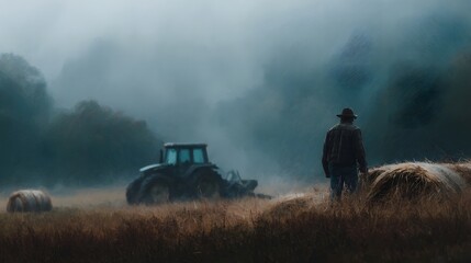 A solitary farmer stands in a misty field next to a tractor and hay bales embodying the quiet essence of rural life