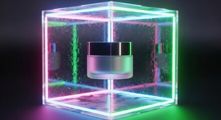 Frosted glass jar with black lid levitating inside a glowing neon cube cosmetic cream