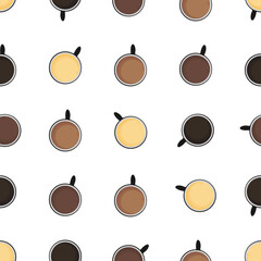 Seamless top-view pattern of assorted coffee cups in warm brown and creamy tones. Minimal repeating design ideal for cafe branding, packaging, menus, textiles, and background graphics.