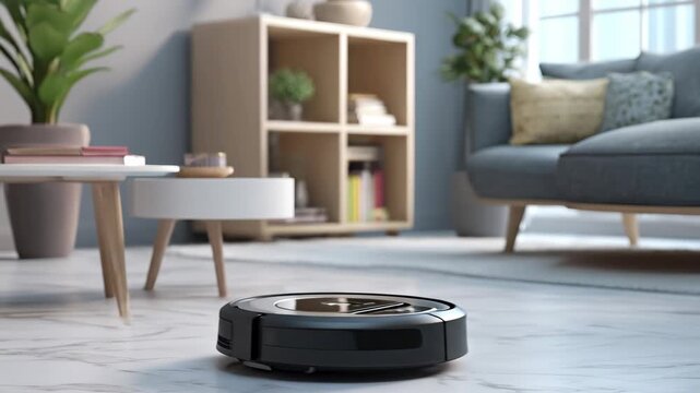 A smart robot vacuum cleaner moves across a bright modern living room floor, representing innovation, cleanliness, and effortless smart living.
