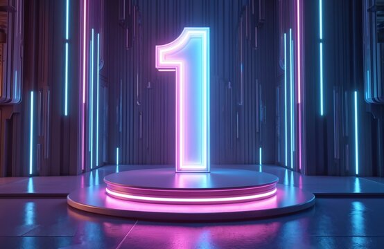 Large neon number one stands on glowing circular podium. Bright blue, pink light fills dark futuristic tech room with vertical strips. It symbolizes first place, top rank, achievement, or new start.