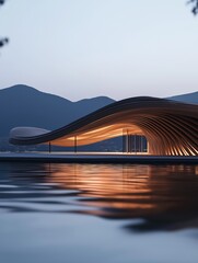 A modern architectural pavilion on the water with a curved wooden structure and roof set against a backdrop of mountains with reflections in the lake