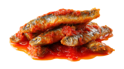 Picture of tasty small fried in tomato sauce sprats from Riga isolated on a white background