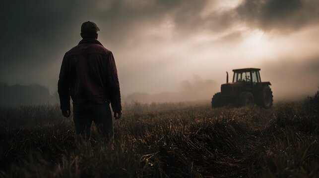 A lone farmer stands in a foggy rural field looking towards a distant red tractor at dawn