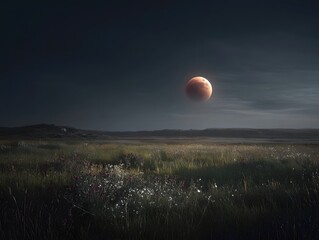 A reddish lunar eclipse hangs in the dark night sky above a vast wild field of grass and wildflowers