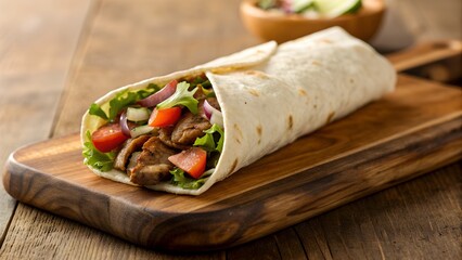 A Delicious Gyro Wrap With Fresh Lettuce And Tomatoes On A Wooden Board