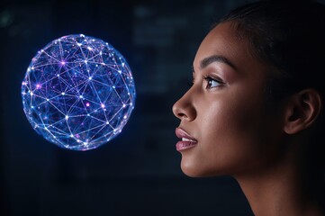 Naklejka premium Person contemplates luminous holographic globe with shimmering pathways and cosmic neural design