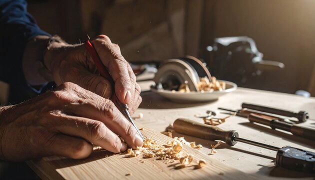 A craftsman's hands skillfully carve wood with a chisel. The workshop setting is dimly lit, with tools and shavings visible
