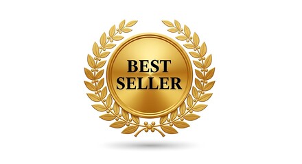 Golden best seller award emblem isolated on white background