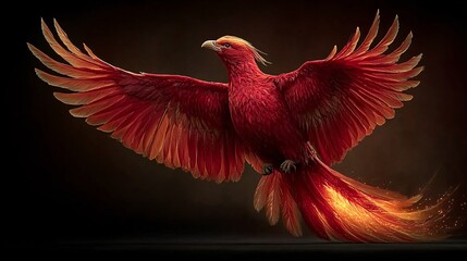 Obraz premium Majestic Red Bird with Fiery Wings in Dramatic Lighting Display