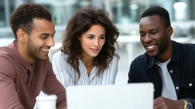 Three diverse business professionals, two men and one woman, standing near office window with tablet and printed charts