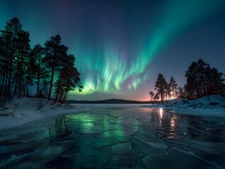 Vibrant Aurora Borealis illuminates a frozen winter landscape with a reflective ice surface