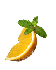 A wedge of orange with water droplets and a sprig of mint on a black backdrop on transparent background