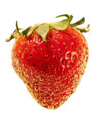 A single strawberry covered in bubbles with green leaves on a black background on transparent background
