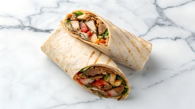 Delicious Chicken Shawarma Wrap on a White Marble Surface with Natural Lighting