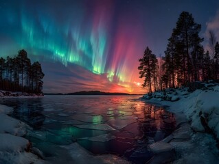 Vibrant aurora borealis dances over a frozen lake reflecting colorful lights with silhouetted trees