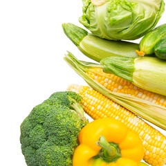 A vibrant display of fresh vegetables including corn broccoli and yellow pepper on transparent background