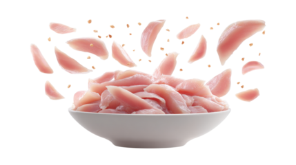 Raw chicken fillet slices falling in bowl isolated on a white background