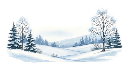 Watercolor painting of a serene winter landscape with snow