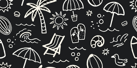 Whimsical hand drawn beach vacation pattern with palm trees sun umbrellas and surfboards on black background