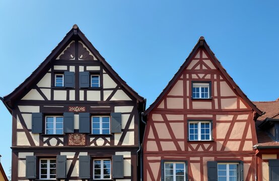 Photo shows traditional architecture in Germany. Detailed view of houses with wooden framework against blue sky. Buildings feature windows shutters, decorative elements. Architectural details in