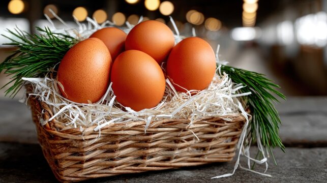 wicker basket filled with five brown eggs rests atop a rustic wooden table. Soft straw surrounds the eggs while green sprigs add a fresh touch, creating a cozy farm feel