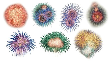 Collection of colorful fireworks exploding in night sky