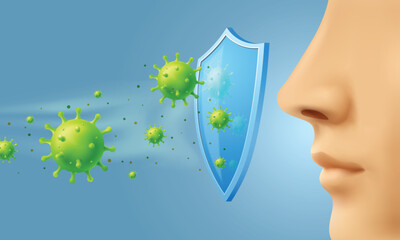 Realistic Vector illustration. Immune Shield Protecting Nasal Passage from Polluted Air