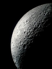 A detailed close up of the Moon s cratered surface showing its rugged terrain and geological formations against the vastness of space