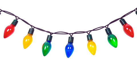 Brightly colored christmas string lights twinkling with festive holiday cheer isolated on transparent background