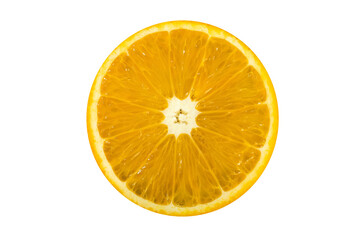 A single orange slice showing the juicy interior against a black background on transparent background