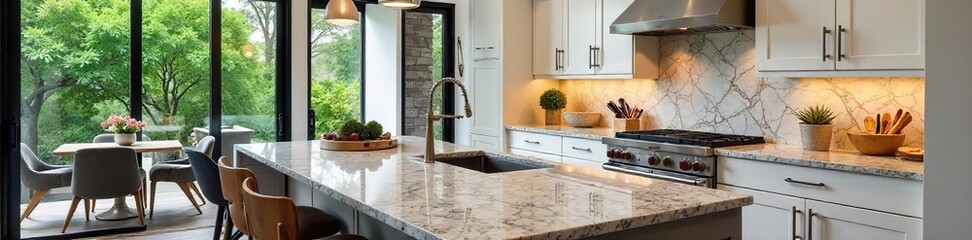 Obraz premium Modern Kitchen with Elegant Granite Countertops, Sleek Cabinetry, and Stainless Steel Appliances Perfect for Stylish Homeowners and Culinary Enthusiasts