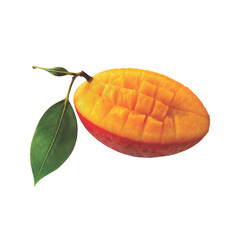 A half cut mango with a leaf and a stem isolated on a black background view on transparent background