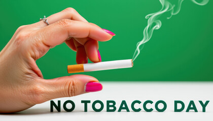 Women hand crushing cigarette no tobacco day awareness campaign indoor close-up smoking prevention