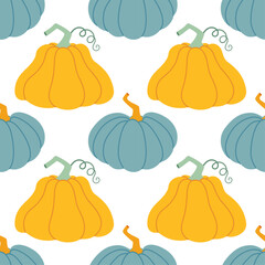 Autumn Pumpkins Pattern. Hand drawn trendy flat style. Thanksgiving Autumn vegetable harvest background. Cute Blue and yellow pumpkin. Seasonal pattern for cover packaging card. Vector illustration