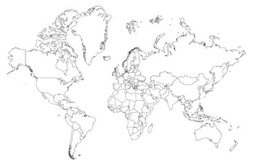 World grey map vector outline with country borders. Vector illustration of the world map with political outlines of all countries