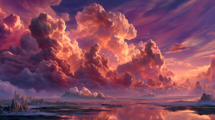 An epic and dramatic landscape with a beautiful sky, a fiery pink and purple sunset with majestic clouds, a concept of an alien world, the apocalypse or a dream.