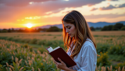 Fototapeta premium Christian woman praying at sunset in nature reflective moment peaceful environment serene viewpoint