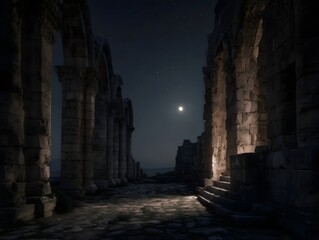 Ancient stone ruins illuminated by moonlight beneath a vast starry night sky